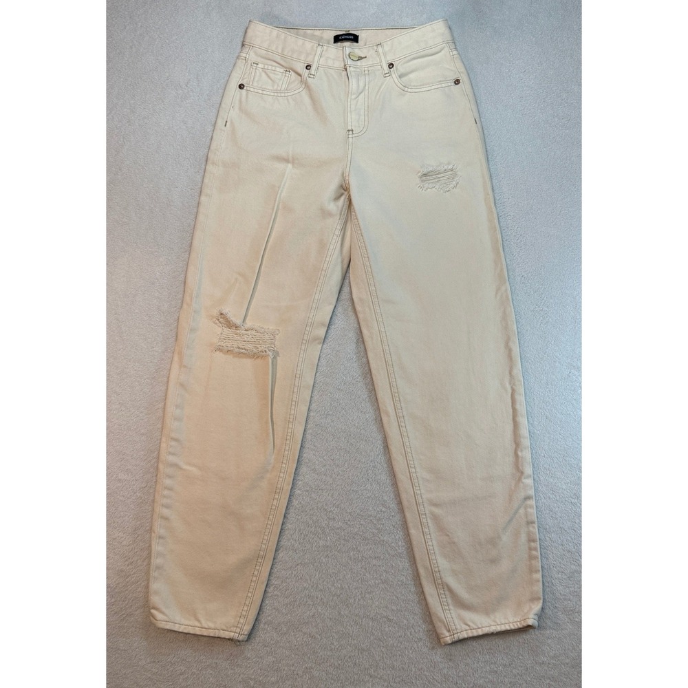 Express Conscious Edit Relaxed Tapered Mid Rise Distressed Cream Jeans Size 0S